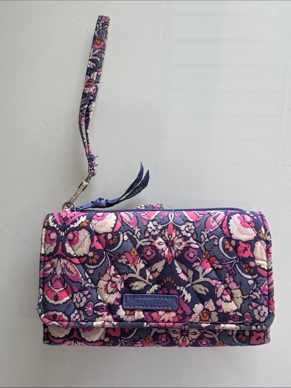 Vera Bradley Navy and Pink Floral Quilted Wristlet Wallet - Picture 1 of 6